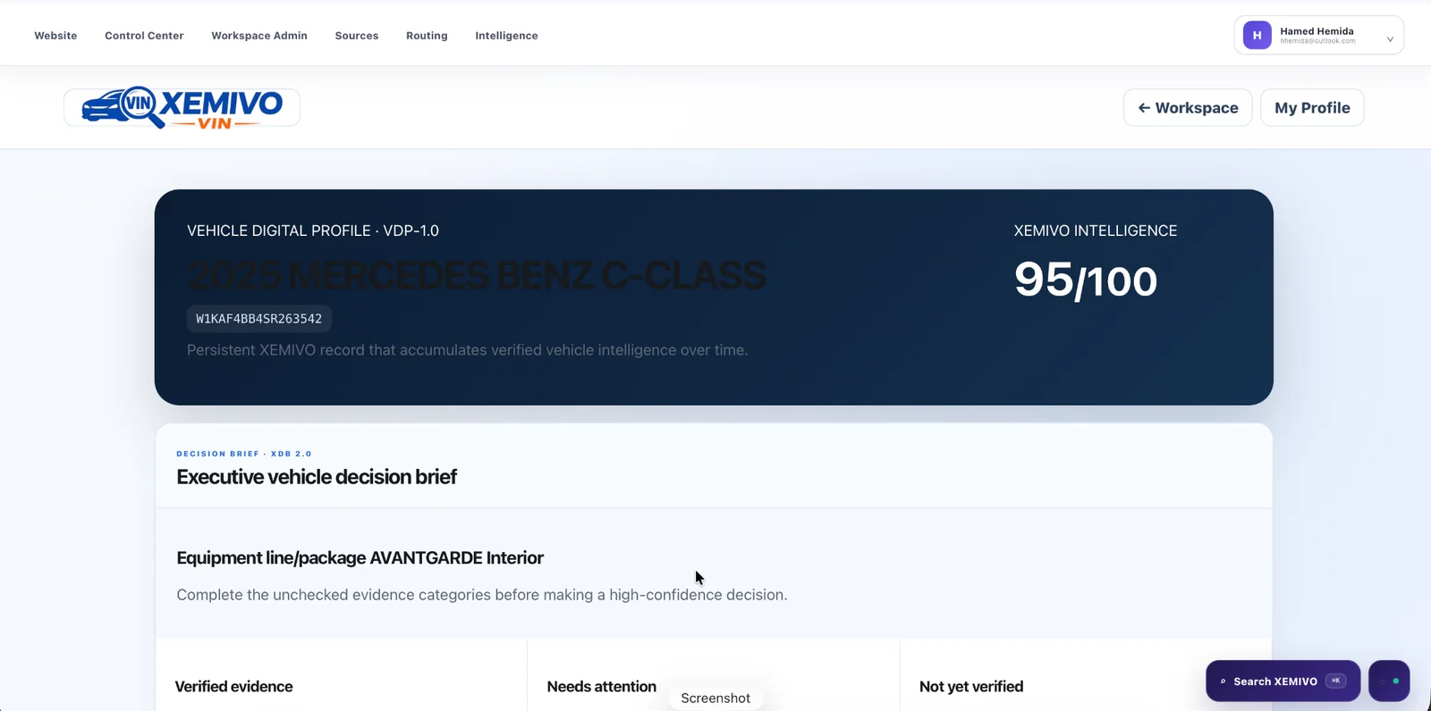 Xemivo VIN vehicle intelligence platform interface